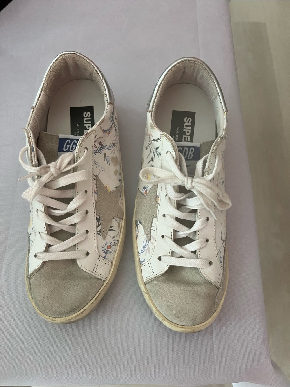 Golden Goose White Floral Lace-Up Sneakers with Gray Star